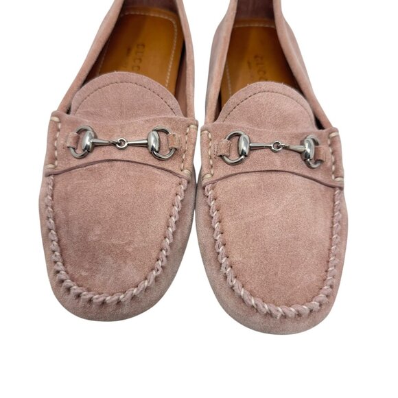 Gucci Women's Jordaan driving Loafers blush pink suede horsebit shoes size 35.5 - Picture 4 of 15